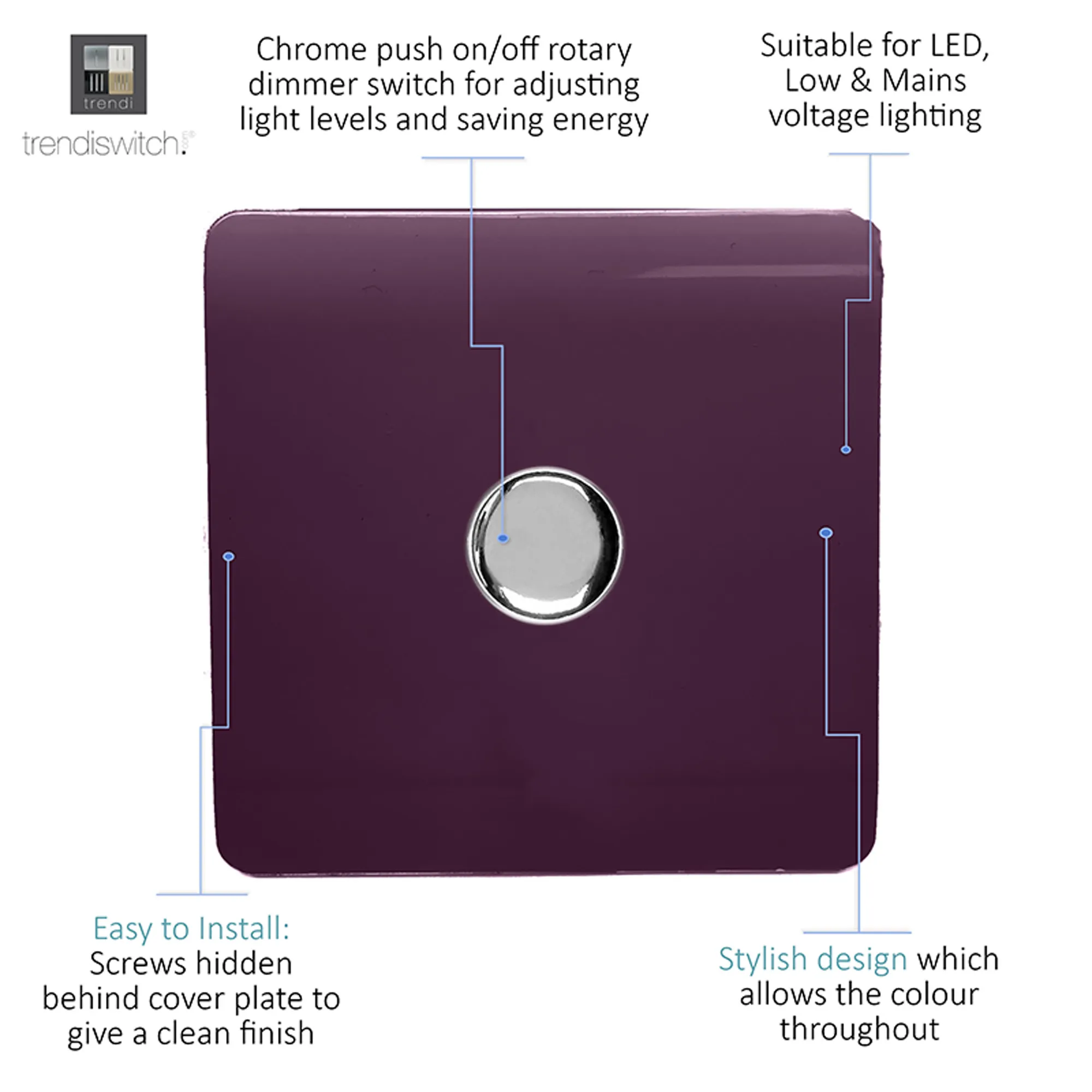 1 Gang 1 Way LED Dimmer Switch Plum ART-LDMPL  Trendi Plum